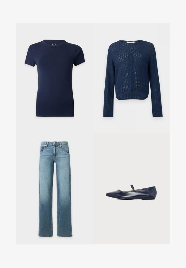 Cardigan en tricot bleu marine à manches longues, col en V, devant boutonné, motif texturé transparent, coupe courte.; T-shirt ajusté bleu marine à manches courtes avec col rond sur un fond uni clair.; Jean en denim bleu clair à coupe droite, cinq poches, passants de ceinture et braguette à boutons, présenté sur fond blanc uni.; Chaussure plate en cuir bleu marine avec une fine bride unique sur le cou-de-pied et un bout légèrement pointu, vue de profil latéral.