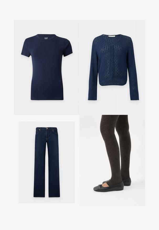 Cardigan en tricot bleu marine à manches longues, col en V, devant boutonné, motif texturé transparent, coupe courte.; T-shirt ajusté bleu marine à manches courtes avec col rond sur un fond uni clair.; Jean en denim bleu foncé droit avec cinq poches et une fermeture à boutons à la taille.; Jambes portant des leggings côtelés foncés associés à des ballerines noires avec de petits détails en nœud sur fond blanc.