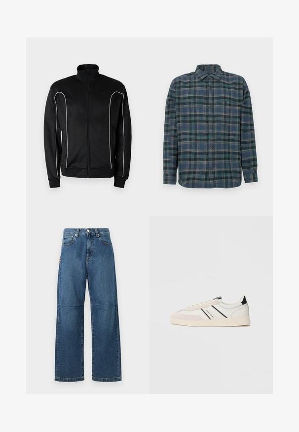Chaqueta deportiva negra con cremallera, cuello alto, ribetes blancos a lo largo de las mangas y puños acanalados. Hecha de un tejido suave y elástico.; Camisa de franela abotonada en azul marino con un patrón de cuadros. Cuenta con mangas largas, un cuello de punta y una textura de tela suave y ligeramente cepillada.; Vaqueros de mezclilla azul con un ajuste relajado, piernas rectas, costura visible y un cierre de botón en la parte delantera. Presenta un bolsillo lateral con un acento.; Zapatilla blanca con detalles en ante beige, franjas negras y azules, y suela de goma texturizada. Presenta una marca en el costado y la lengüeta.