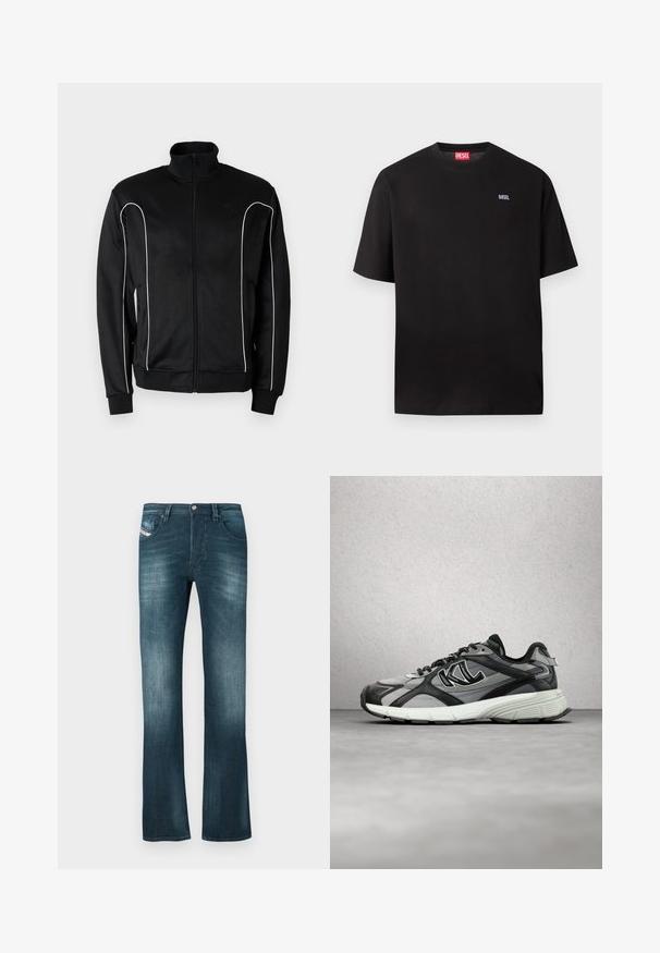 Veste de survêtement noire à fermeture éclair avec col montant, liseré blanc le long des manches et poignets côtelés. Fabriquée en tissu doux et extensible.; T-shirt Diesel noir à manches courtes avec petit logo blanc "DIESEL" sur le côté gauche de la poitrine et étiquette Diesel rouge à l'intérieur du col.; Jeans en denim bleu foncé avec une légère décoloration, coupe droite, deux poches avant et une petite étiquette de marque sur la poche droite.; Baskets athlétiques grises et noires en mesh et cuir, col rembourré, semelle intermédiaire blanche, semelle extérieure texturée et accents réfléchissants.
