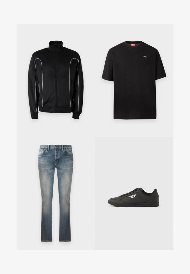 Veste de survêtement noire à fermeture éclair avec col montant, liseré blanc le long des manches et poignets côtelés. Fabriquée en tissu doux et extensible.; T-shirt Diesel noir à manches courtes avec petit logo blanc "DIESEL" sur le côté gauche de la poitrine et étiquette Diesel rouge à l'intérieur du col.; Jean droit bleu délavé avec poches avant, passants pour ceinture et fermeture par bouton, présenté sur un fond blanc uni.; Baskets synthétiques noires avec une semelle noire texturée, un bout rond et des lacets plats noirs. Logo blanc remarquablement placé sur le côté extérieur.