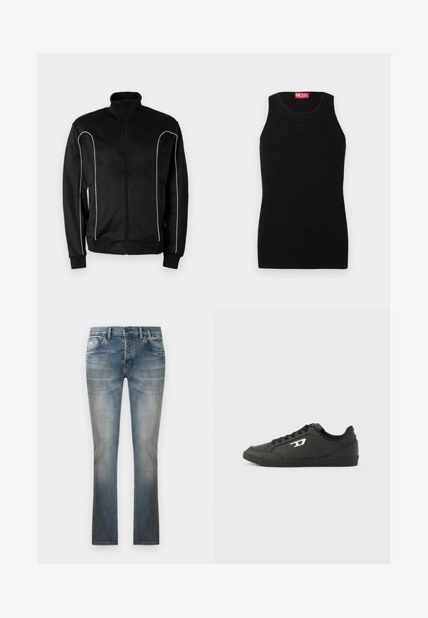 Veste de survêtement noire à fermeture éclair avec col montant, liseré blanc le long des manches et poignets côtelés. Fabriquée en tissu doux et extensible.; Débardeur noir Diesel avec col rond, petit logo ton sur ton sur la poitrine et étiquette rouge à l'intérieur du col sur fond blanc.; Jean droit bleu délavé avec poches avant, passants pour ceinture et fermeture par bouton, présenté sur un fond blanc uni.; Baskets synthétiques noires avec une semelle noire texturée, un bout rond et des lacets plats noirs. Logo blanc remarquablement placé sur le côté extérieur.