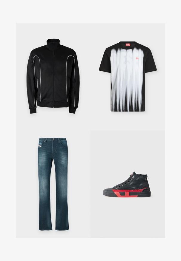 Veste de survêtement noire à fermeture éclair avec col montant, liseré blanc le long des manches et poignets côtelés. Fabriquée en tissu doux et extensible.; T-shirt Diesel noir à manches courtes avec des rayures blanches verticales et un grand logo Diesel flou sur le devant, plus une petite étiquette rouge Diesel sur la poitrine.; Jeans en denim bleu foncé avec une légère décoloration, coupe droite, deux poches avant et une petite étiquette de marque sur la poche droite.; Baskets montantes noires avec des accents rouges et une finition usée. Caractérisées par une tige en toile texturée et une semelle en caoutchouc avec un design découpé.