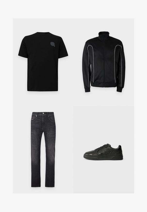 Schwarze Trainingsjacke mit Reißverschluss, Stehkragen, weißen Paspeln entlang der Ärmel und gerippten Bündchen. Hergestellt aus weichem, elastischem Stoff.; Schwarzes Baumwoll-T-Shirt mit kurzen Ärmeln, mit einem subtilen grauen grafischen Design auf der linken Brustseite. Glatte Textur, Rundhalsausschnitt.; Dunkelgraue Jeans aus Denim mit geradem Schnitt, fünf Taschen, einem Knopfverschluss und dezenten Verwaschungseffekten entlang der Beine.; Schwarze Low-Top-Sneaker mit strukturierten Paneelen, Schnürverschluss, Gummisohle und "KARL"-Branding an der Seite und am Fersenteil.