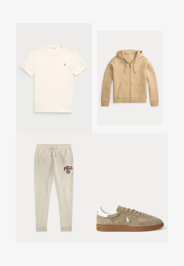Sweat à capuche beige zippé intégral, avec poches avant, cordon à la capuche, et petit logo brodé blanc de joueur de polo sur la poitrine gauche.; T-shirt en coton couleur crème avec un col rond et des manches courtes. Présente un petit logo bleu brodé sur le côté gauche de la poitrine.; Pantalon de survêtement beige à cordon avec poches latérales et logo et emblème rouges "POLO" sur la partie supérieure de la cuisse gauche.; Baskets basses en daim beige avec semelle marron, détail blanc au talon, lacets et logo brodé d’un joueur de polo blanc sur le côté.