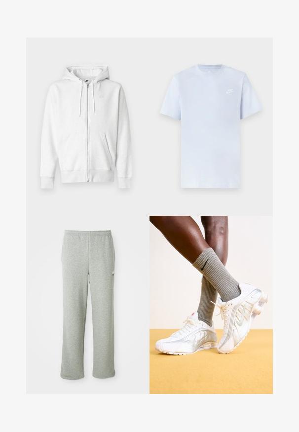 Weißer Kapuzenpullover mit Reißverschluss aus weichem Stoff, mit Kängurutasche, Kordelzug und kleinem Logo auf der linken oberen Brustseite.; Hellblaue Baumwoll-T-Shirt mit kurzen Ärmeln, Rundhalsausschnitt und einem weißen Nike-Logo, das auf der linken Brust gedruckt ist. Glatte Textur, schlichtes Design.; Graue Jogginghose aus weichem Baumwollmischgewebe, mit elastischem Bund, geradem Bein und kleinem Logo auf der linken Seite.; Nike-Sneaker in Weiß mit silbernen Akzenten, ausgestattet mit strukturierten Paneelen und Perforationen. Kombiniert mit grauen gerippten Socken, vor einem gelben Hintergrund.