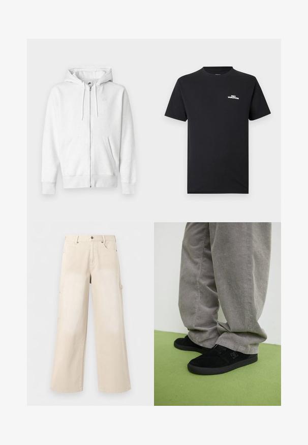 Sudadera blanca con cremallera hecha de una tela suave, con bolsillo tipo canguro, cordones y un pequeño logo en la parte superior izquierda del pecho.; Camiseta negra de algodón con cuello redondo, mangas cortas y un logo blanco "OBEY WORLDWIDE" estampado en el pecho.; Pantalones beige de pierna ancha con bolsillos delanteros, cierre de botón y trabillas para cinturón, mostrados sobre un fondo blanco liso.; Zapatillas de skate de ante negro con un acabado texturizado y un logo, combinadas con pantalones de pana gris con una textura acanalada. Superficie del suelo en verde.