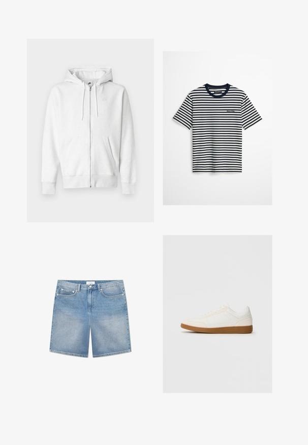 Sudadera blanca con cremallera hecha de una tela suave, con bolsillo tipo canguro, cordones y un pequeño logo en la parte superior izquierda del pecho.; Camiseta de manga corta con rayas horizontales en azul marino y blanco, cuello azul marino y pequeño logo de Marc O’Polo en el pecho.; Pantalones cortos de mezclilla azul claro con un corte recto, cinco bolsillos, un ligero desgastado y una etiqueta de marca en la cinturilla. Material de algodón con costuras clásicas.; Zapatilla blanca con una puntera de ante, parte superior sintética suave y suela de goma marrón. Presenta perforaciones en los laterales para mayor transpirabilidad.