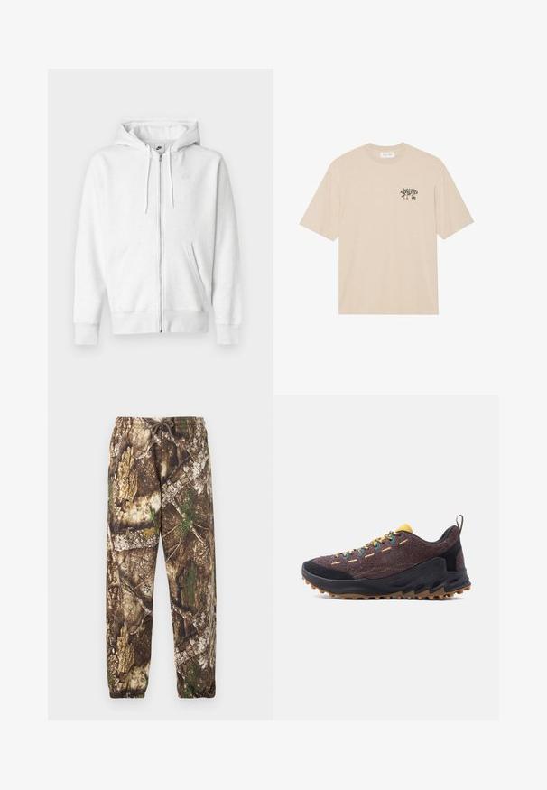 Hvid hættetrøje med lynlås, lavet af et blødt stof med en kængurulomme, snoretræk og et lille logo på øverste venstre brystområde.; Beige bomuld t-shirt med rund hals og korte ærmer. Har et lille grafisk tryk af appelsiner og tekst på venstre brystområde.; Camo sweatpants med et brunt og grønt naturligt mønster, der har en elastisk talje med snore og elastiske manchetter ved anklerne.; Lav høj-sko til vandring med brun tekstureret overdel, gul tunge, flerfarvede snørebånd, sort sål og robust gummiydersål for godt vejgreb.