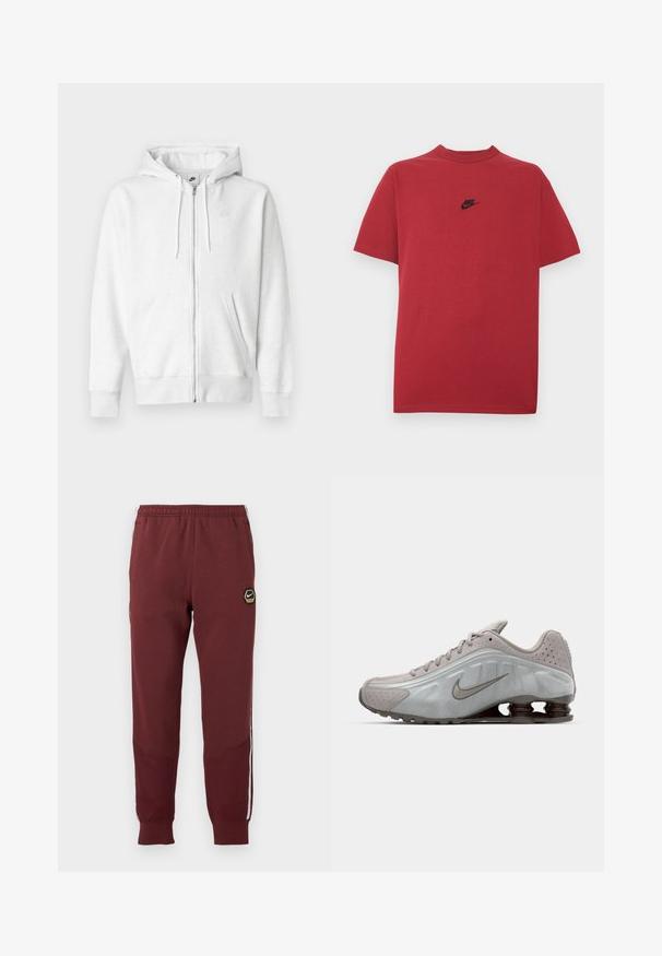 Valge lukuga dressipluus pehmest kangast, millel on kängurutasku, nöörid ja väike logo ülemises vasakus rinnapiirkonnas.; Punane puuvillane T-särk, millel on must Nike'i logo rinnal, lühikesed varrukad, ümar kaelus ja tavapärane lõige. Sile tekstuur.; Bordoo dressipüksid kuusnurkse Nike logoga, elastse vöökohtaga, kahe külgtaskuga ja valgete külgtriipudega. Struktuurne kangas ja kitsenev jalgade disain.; Nike jooksujalats helesinises värvitoonis, sujuva tekstuuri, kaarjate joontega ning tumeda pruuniga nähtavate pehmendavate vedrudega kandade juures.