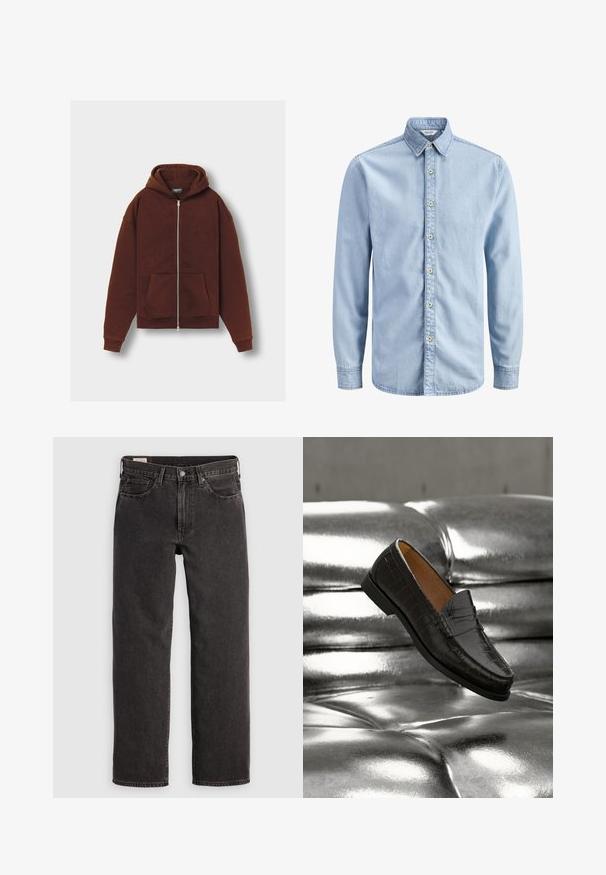 Bruine trui met rits in een zachte stof, met een voorkuip, capuchon en geribbelde manchetten. Eenvoudig ontwerp met minimale branding op de mouw.; Lichtblauw denim shirt met lange mouwen, een button-down kraag en een rij van zeven beige knopen aan de voorkant.; Zwarte denim jeans met een rechte pijpontwerp, vijf zakken en metalen accenten. De stof heeft een lichte textuur en een effen kleurafwerking.; Zwarte leren loafer met krokodillenpatroon zwevend boven een glanzende zilveren gestoffeerde bank, met een close-up van de schoen details en textuur.