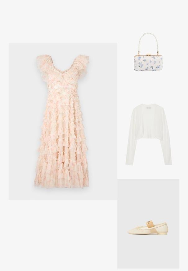 Valge lühikeste varrukatega kardigan, pikad varrukad, pehme kudumise tekstuur, avatud esiosa disain, silt ütleb "ANNA FIELD", minimalistik stiil ilma kinnitusteta.; Needle & Thread DITSY LOLA BACKLESS BALLERINA DRESS - Kokteilikleit/peokleit - moonshine pink; Kreemjas toonis lame king, terava nina, nööridega detail ja dekoratiivne rihm logoga küljel. Sile tekstuur, madal konts.; Valge ristkülikukujuline õlakott sinise lillemustriga ning pärlikujuliste helmeste ja kuldse tooniga käepidemega, millel on kullatooni tarvikud ja sulgur.