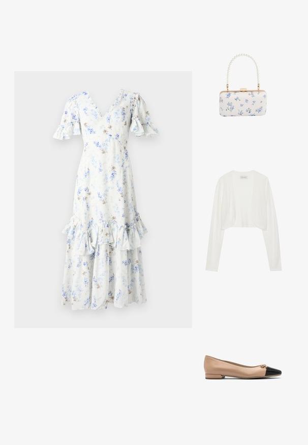 Cárdigan corto blanco, de mangas largas, textura de punto suave, diseño de frente abierto, etiqueta que dice "ANNA FIELD", estilo minimalista sin cierres.; Vestido midi floral en azul claro y blanco con mangas abullonadas, escote en V y dobladillo con volantes, que presenta acentos y patrones en marrón oscuro dispersos.; Bailarina de cuero beige con puntera negra y pequeño lazo en la parte delantera, con un tacón bajo para mayor comodidad.; Clutch rectangular blanca con patrón floral azul y asa con cuentas de perlas, herrajes en tono dorado y cierre con broche.