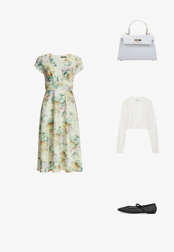 Cardigan blanc court, manches longues, texture tricotée douce, design à l'avant ouvert, étiquette indiquant "ANNA FIELD", style minimaliste sans fermetures.; Robe midi fleurie avec manches courtes, col en V, taille cintrée et fleurs pastel dans des tons verts, roses, violets et beiges sur fond crème.; Chaussure plate noire avec un design à bout pointu, tige en maille avec des accents en strass, et une fine bride pour un maintien sécurisé. Semelle plate.; ESTRO Sac à main - white
