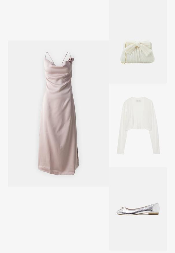 Cardigan blanc court, manches longues, texture tricotée douce, design à l'avant ouvert, étiquette indiquant "ANNA FIELD", style minimaliste sans fermetures.; Robe fluide en satin de couleur rose pâle avec des fines bretelles et un décolleté drapé, ornée d'une accent en forme de rose sur l'épaule gauche.; Ballerines argentées avec une finition métallique, bout arrondi, accent de nœud à l'avant et un petit talon pour plus de confort.; Sac à main plissé blanc avec un nœud proéminent et une chaîne dorée. Texture douce avec un design froncé à l'avant.