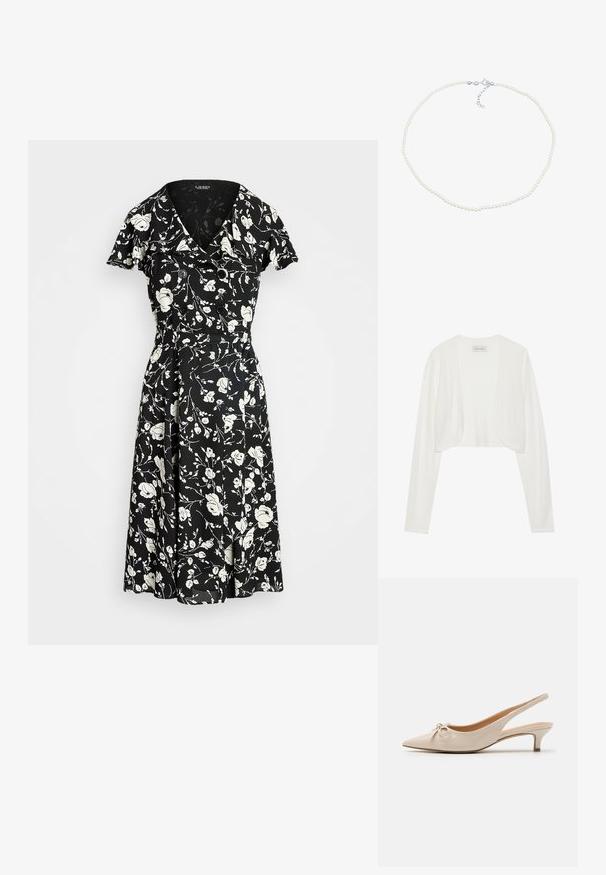 Hvid cropped cardigan, lange ærmer, blød strikstruktur, åben frontdesign, mærket siger "ANNA FIELD", minimalistisk stil uden lukninger.; Sort kjole med hvidt blomstertryk, korte ærmer, V-hals og knapdetaljer. Udflydende skørt for en let og luftigt pasform. Materialet ser let ud.; Beige patenterede læder slingback hæle med spidse tæer og en dekorativ sløjfe på vampen. Inkluderer en lav, slank hæl og en glat tekstur.; Perlekæde med små, runde, hvide perler og en sølvfarvet spænde. Har en justerbar kæde til tilpasning af længden.