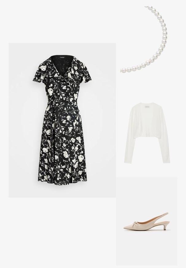 Cárdigan corto blanco, de mangas largas, textura de punto suave, diseño de frente abierto, etiqueta que dice "ANNA FIELD", estilo minimalista sin cierres.; Vestido negro con patrón floral blanco, mangas cortas, escote en V y botones decorativos. Falda acampanada para un ajuste fluido. El material parece ligero.; Tacones slingback de charol beige con puntera afilada y un lazo decorativo en el empeine. Incluyen un tacón bajo y estilizado con una textura suave.; Collar de perlas que presenta perlas blancas redondas y lustrosas ensartadas, mostrando una superficie lisa y una forma esférica consistente.