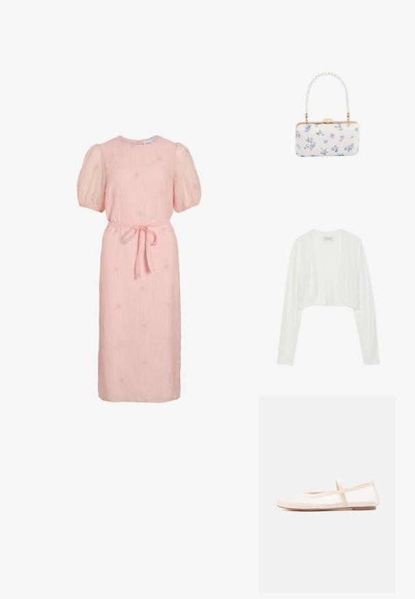 Hvid cropped cardigan, lange ærmer, blød strikstruktur, åben frontdesign, mærket siger "ANNA FIELD", minimalistisk stil uden lukninger.; Lyserød midi-kjole med puffærmer, rund halsudskæring, små blomsterbroderier og en bundet stofbælte om taljen.; Ballerinasko med en gennemsigtig beige mesh-overdel og en satinrem, der har en rundet tå og en lav brun sål. Let og fleksibelt design.; Hvid rektangulær clutch med blåt blomsterprint og perlebehandlet håndtag med guldfarvet hardware og lås.