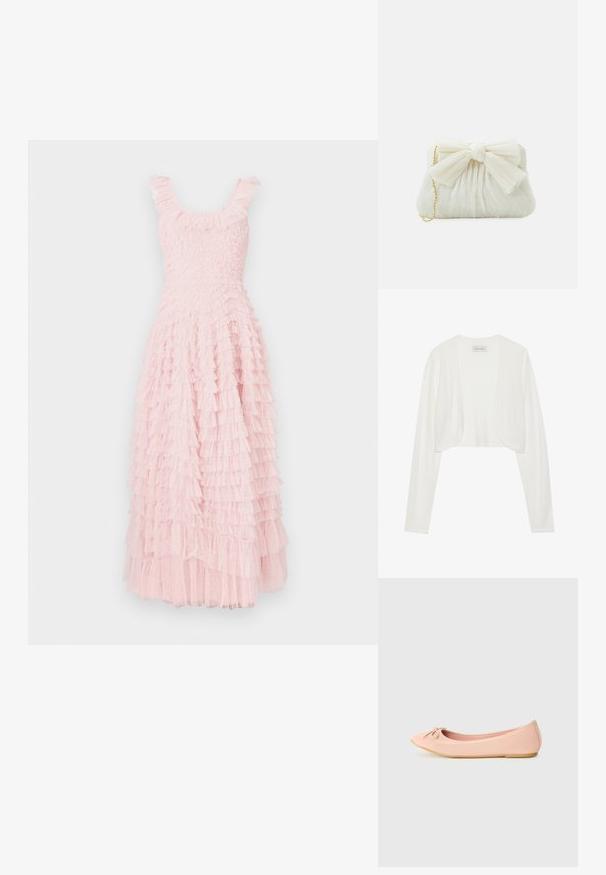 Hvid cropped cardigan, lange ærmer, blød strikstruktur, åben frontdesign, mærket siger "ANNA FIELD", minimalistisk stil uden lukninger.; Lyserød kjole med flæser, tætsiddende overdel og lagdelt, tekstureret nederdel. Har rund halsudskæring og fine flæsedetaljer ved skuldrene.; Ballet flade sko i lys pink syntetisk materiale med en rund tå, der har en lille sløjfedetalje og en fleksibel sål.; Hvid plisseret clutch-taske med en fremtrædende sløjfedetalje og en guldkædetras. Blød tekstur med et samlet design på forsiden.