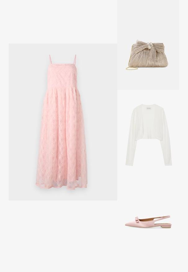 Biely skrátený cardigan, dlhé rukávy, mäkká pletená textúra, otvorený predný dizajn, štítok s nápisom "ANNA FIELD", minimalistický štýl bez zapínania.; Ružová maxi šaty s ramienkami, priesvitná kvetinová čipka, zdobená kruhovými vzormi a priliehavou hornou časťou, splývavá sukňa.; Svetloružová plochá obuv s ihlovým opätkom a s ozdobnou dvojitou mašľou na špičke, so slingback remienkom.; Metalická zlatá kabelka typu clutch s plisovanou látkou, s detailom mašle na vrchu a zlatým reťazovým popruhom pre všestrannosť a pohodlné nosenie.