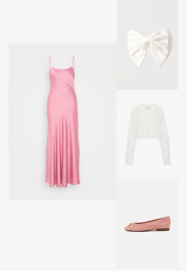 Cardigan blanc court, manches longues, texture tricotée douce, design à l'avant ouvert, étiquette indiquant "ANNA FIELD", style minimaliste sans fermetures.; Robe maxi en satin rose avec de fines bretelles spaghetti, une légère brillance et un détail de couture en diagonale à l'avant, descendant vers un ourlet évasé.; Ballerine plate en daim rose doux avec petit nœud et accent doré sur l'avant arrondi, talon bas et semelle lisse.; Nœud à cheveux en tissu crème avec un petit charme en forme de couronne argentée au nœud, présenté sur un fond gris clair.