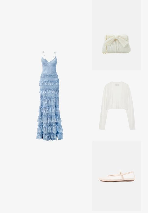 Cárdigan corto blanco, de mangas largas, textura de punto suave, diseño de frente abierto, etiqueta que dice "ANNA FIELD", estilo minimalista sin cierres.; Vestido maxi azul claro con un corsé ajustado, tirantes finos y volantes en cascada a lo largo de la falda, con patrones texturizados en forma de olas.; Bailarinas con una parte superior de malla beige translúcida y una correa de satén, con punta redondeada y suela baja de color marrón. Diseño ligero y flexible.; Bolso de mano plisado blanco con un destacado detalle de lazo y una correa de cadena dorada. Textura suave con un diseño fruncido en la parte frontal.