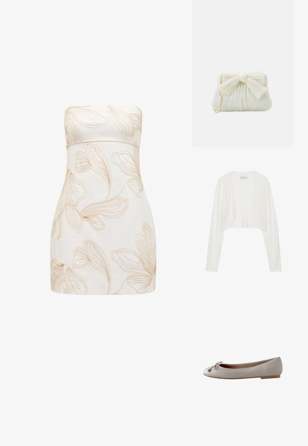 Cárdigan corto blanco, de mangas largas, textura de punto suave, diseño de frente abierto, etiqueta que dice "ANNA FIELD", estilo minimalista sin cierres.; Vestido sin tirantes en crema con patrones florales en relieve en beis claro. Diseño ajustado, textura suave, corte a la altura de la rodilla y sin cierres visibles.; Bailarina de piel beige con puntera redondeada, pequeño lazo y tacón bajo, mostrada de perfil sobre fondo blanco.; Bolso de mano plisado blanco con un destacado detalle de lazo y una correa de cadena dorada. Textura suave con un diseño fruncido en la parte frontal.
