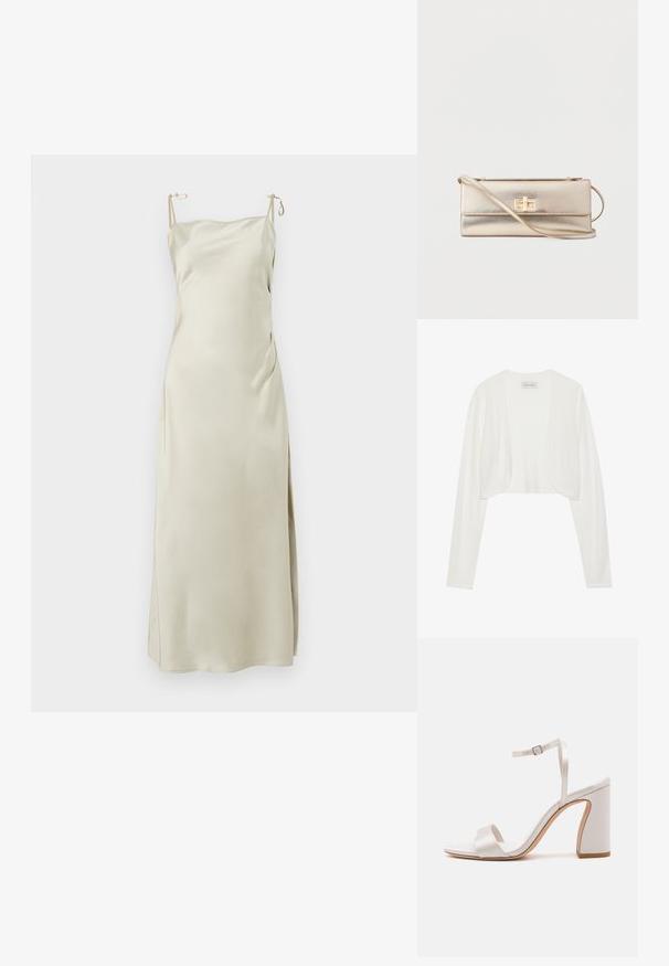 Biely skrátený cardigan, dlhé rukávy, mäkká pletená textúra, otvorený predný dizajn, štítok s nápisom "ANNA FIELD", minimalistický štýl bez zapínania.; Satinová šľapka v svetlej béžovej farbe, s nastaviteľnými ramienkami, rovný výstrih a bočný rozparok pre pohodlie a pohyb.; Biele sandále na podpätku so saténovým povrchom, otvorenou špičkou a tenkým remienkom okolo členka. Majú blokový podpätok a dvojité predné pásky na podporu.; Obdĺžniková kovová zlatá kabelka do ruky s popruhom na plece obtočeným okolo a obdĺžnikovým zlatým zámkom na preklápacej prednej časti.