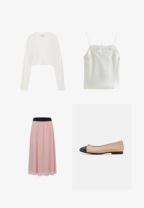Hvid cropped cardigan, lange ærmer, blød strikstruktur, åben frontdesign, mærket siger "ANNA FIELD", minimalistisk stil uden lukninger.; Hvid satin camisolletop med blonder langs halsudskæringen, justerbare spaghettistropper og en glat tekstur. Enkel design uden mønstre.; Pink ankel-lang nederdel med et gennemsigtigt ydre lag og en bred sort elastisk taljebånd.; Balletsko med en beige satin overdel, sort laklæder tåhætte, lille sløjfedetalje foran og en lav sort hæl.