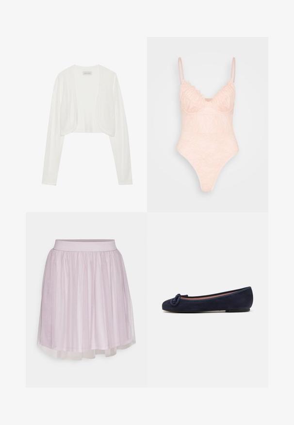 Valge lühikeste varrukatega kardigan, pikad varrukad, pehme kudumise tekstuur, avatud esiosa disain, silt ütleb "ANNA FIELD", minimalistik stiil ilma kinnitusteta.; IN THE STYLE LINGERIE BODYSUIT - Topp - rosé; VILA VIDOLL SKIRT - Miniseelik - nirvana; Tumedat sinised sametist balletikingad ümarate varvaste ja sõlmega aktsendiga. Madal ja paindlik tall mugavuse jaoks. Lihtne ja voolujooneline disain.