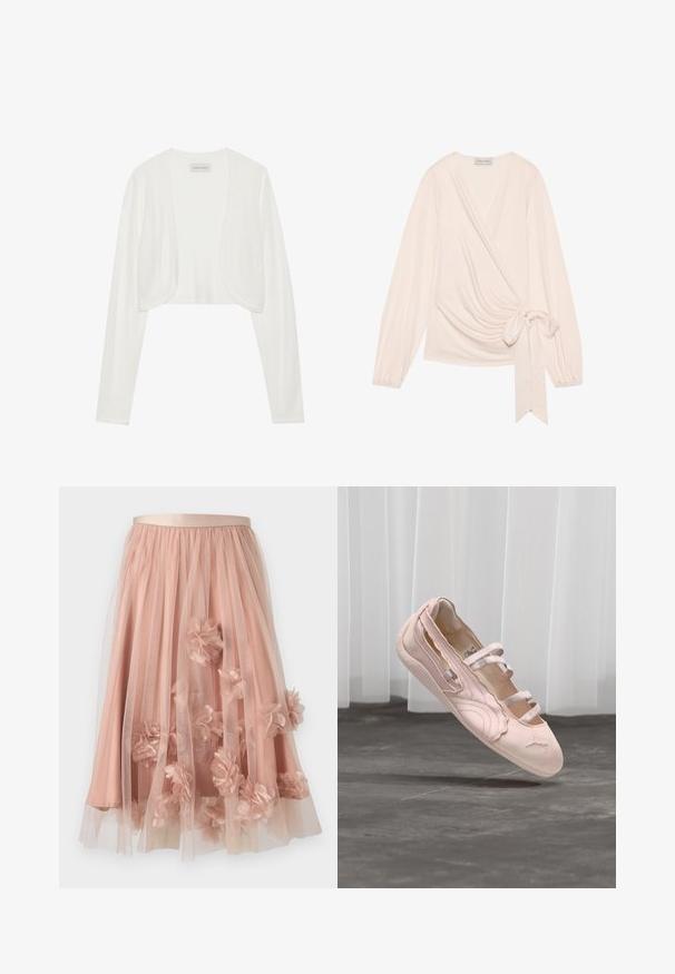 Cardigan blanc court, manches longues, texture tricotée douce, design à l'avant ouvert, étiquette indiquant "ANNA FIELD", style minimaliste sans fermetures.; Enveloppez le haut dans un tissu doux et léger de couleur rose pâle. Il présente des manches longues, un lien à la taille et un drapé délicat à l'avant.; Jupe en tulle rose pâle avec une ceinture en satin. Comprend plusieurs couches de tissu transparent et des appliqués floraux en trois dimensions sur toute la surface.; Ballerine rose pâle avec trois brides élastiques, bord festonné et semelle en caoutchouc, suspendue au-dessus d'un sol en béton avec des rideaux blancs en arrière-plan.
