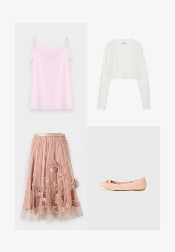 Cardigan blanc court, manches longues, texture tricotée douce, design à l'avant ouvert, étiquette indiquant "ANNA FIELD", style minimaliste sans fermetures.; Camisole rose avec des bretelles réglables, ornée d'une délicate bordure en dentelle le long de l'encolure et d'une texture de tissu lisse et doux.; Jupe en tulle rose pâle avec une ceinture en satin. Comprend plusieurs couches de tissu transparent et des appliqués floraux en trois dimensions sur toute la surface.; Ballerine en matériau synthétique rose clair avec un bout arrondi, ornée d'un petit nœud et d'une semelle flexible.