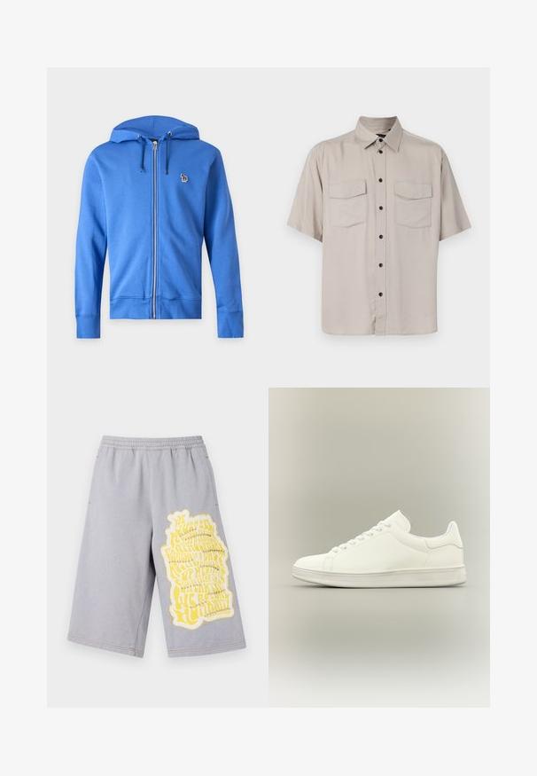 Blauwe hoodie met rits en trekkoord in de capuchon, met een klein geborduurd meerkleurig zebra-logo op de linkerborst tegen een effen lichte achtergrond.; Korte mouwen, licht beige overhemd met knopen en een kraag, twee klepzakken en zwarte knopen aan de voorkant. Glad, niet-gewoven stof.; Grijze katoenen shorts met een elastische tailleband, voorzien van een grote gele grafische print en versleten randen aan het linkerbeen.; Minimalistische witte laag uitgesneden sneaker met veters, gladleren bovenwerk en een gestructureerde rubberen zool, weergegeven op een neutrale achtergrond.