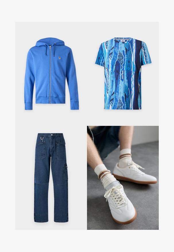 Blauer Kapuzenpullover mit Reißverschluss, Kordelzug und kleinem, besticktem mehrfarbigem Zebra-Logo auf der linken Brust vor schlichtem hellem Hintergrund.; Kurzärmeliges T-Shirt mit einem blauen abstrakten Muster aus welligen und geometrischen vertikalen Streifen auf weißem Hintergrund.; Dunkelblaue Denim-Cargo-Hosen mit geradem Schnitt, ausgestattet mit mehreren Taschen, metallischen Beschlägen und Kontrastnähten.; Weiße Ledersneaker mit glatter Textur, grauen Wildlederelementen, beigen Gummisohlen und flachen Schnürsenkeln. Kombiniert mit cremefarbenen und braun gestreiften Socken.