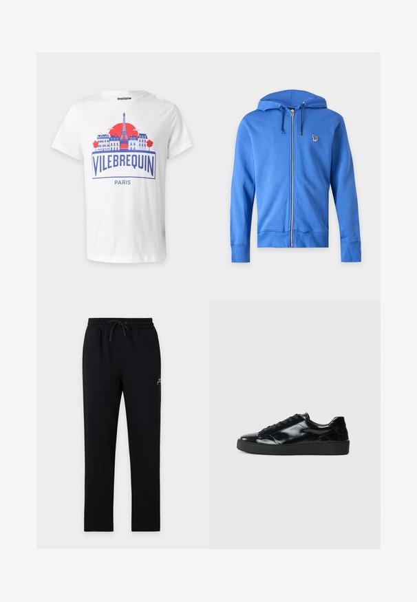 Sweat à capuche bleu zippé avec cordon, petit logo zèbre multicolore brodé sur la poitrine gauche, sur fond clair uni.; T-shirt blanc avec un graphisme bleu et rouge représentant des bâtiments de Paris, la Tour Eiffel, un soleil rouge, et le texte « Vilebrequin Paris » à l'avant.; Pantalon de jogging noir avec taille élastique et cordon, jambes droites, avec un petit logo blanc sur la partie supérieure de la cuisse gauche.; Baskets en cuir verni noir avec un bout arrondi, un laçage, une semelle en caoutchouc texturé et une finition lisse.