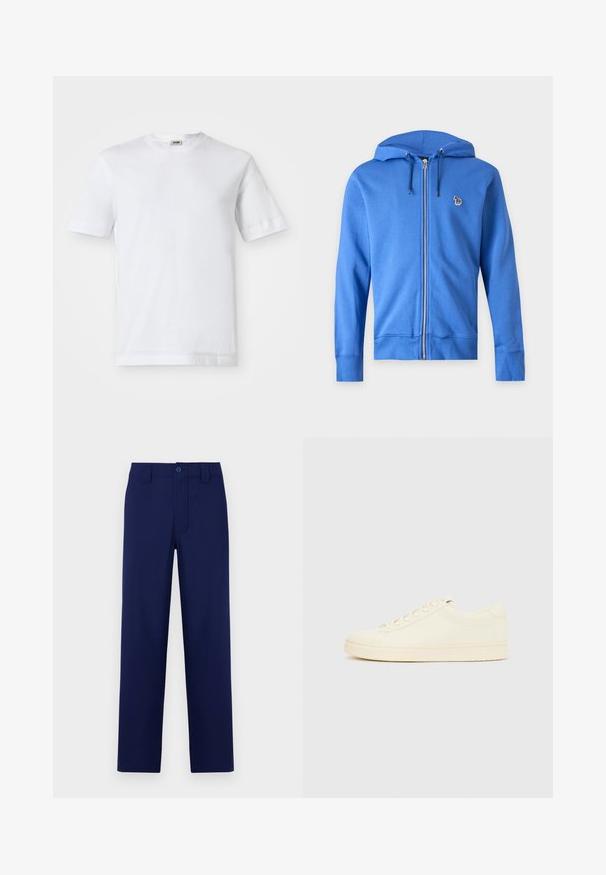 Sudadera con capucha azul con cremallera, cordón en la capucha y pequeño logo de cebra multicolor bordado en el pecho izquierdo sobre un fondo claro y liso.; Camiseta de algodón blanca con mangas cortas, escote redondo y una textura suave. No se observan patrones ni detalles.; Pantalones azul marino con botón y cremallera, corte recto, parte delantera lisa y bolsillos laterales; fabricados en una tela suave y ligera.; Zapatilla de color crema con parte superior de cuero liso, puntera redondeada, cierre de cordones y suela de goma texturizada. Diseño minimalista, sin logotipos.