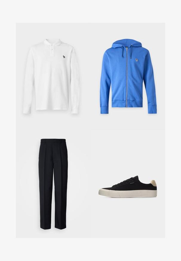 Sweat à capuche bleu zippé avec cordon, petit logo zèbre multicolore brodé sur la poitrine gauche, sur fond clair uni.; Polo blanc à manches longues avec col boutonné et petit logo zèbre noir brodé sur la poitrine gauche.; Pantalons plissés noirs en tissu lisse, avec une coupe droite et une taille standard avec passants de ceinture.; Baskets basses noires avec languette beige au talon, semelle en caoutchouc blanche épaisse, lacets noirs et petite étiquette "PS Paul Smith" sur le côté.
