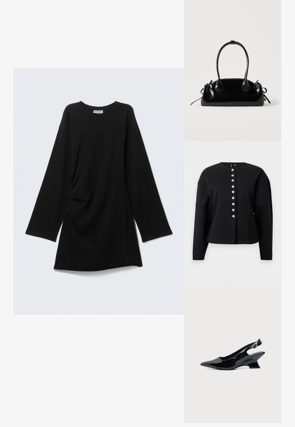Veste noire à manches longues en tissu texturé, avec un col rond et une patte de boutonnage centrale dotée de boutons blancs.; T-shirt noir à manches longues avec col rond, coupe décontractée et légère fronce sur un côté, présenté à plat sur fond gris clair.; Chaussure slingback en cuir verni noir avec bout pointu et petit talon bloc incliné sur fond clair uni.; Petit sac à main noir brillant avec deux longues anses et des détails à cordon sur les côtés sur un fond clair uni.