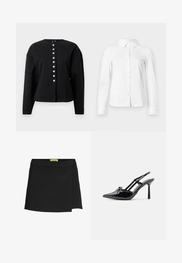 Zwarte lange mouw jack van textuurstof, met een ronde halslijn en een centrale knoopsluiting met witte knopen.; Witte blouse met lange mouwen en knopen, met puntige kraag, rechte zoom en aansluitende silhouet, weergegeven op een effen lichte achtergrond.; Zwarte wikkelrok van gladde stof, met een hoge taille en een zijschuif. Label is zichtbaar in een contrasterende felgele kleur.; Zwarte lakleren hoge hakken met slingback, puntige neus, dunne hak en dubbele banddetails over de wreef.