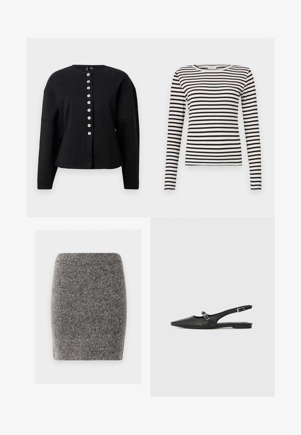 Veste noire à manches longues en tissu texturé, avec un col rond et une patte de boutonnage centrale dotée de boutons blancs.; Chemise à rayures noires et blanches à manches longues avec un col rond et une texture côtelée ajustée. Largeur des rayures équilibrée sur l'ensemble.; Jupe mini grise ajustée en tissu texturé. Coutures lisses sans fermetures visibles. Design simple et dépouillé.; Chaussures slingback en cuir noir avec un bout pointu, comprenant une lanière étroite et un accent de boucle argentée sur le côté. Semelle plate.