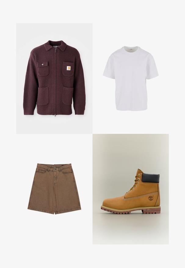 Veste zippée bordeaux avec texture côtelée, deux poches avant et un petit patch logo. Conception à col avec une couleur unie et fermeture éclair.; T-shirt blanc à manches courtes en coton doux, avec un col rond et une coupe décontractée à ourlet droit. Aucun motif ni accent visible.; Shorts en denim marron à coupe droite, avec de grandes poches latérales, un détail de logo sur la ceinture, et des coutures contrastées le long des coutures.; Bottine en cuir marron avec col noir, lacets jaunes et semelle beige. Présente un logo et des détails de couture blanche. Semelle extérieure à traction robuste.
