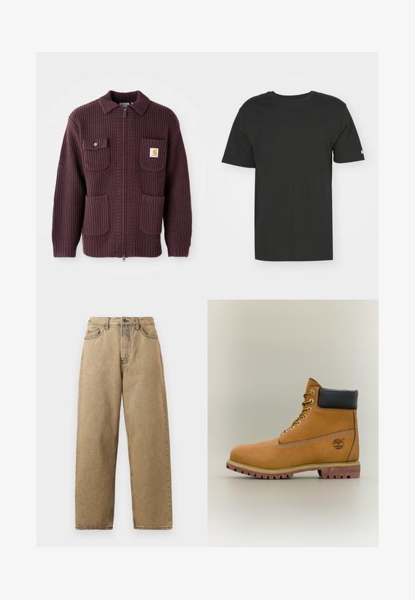 Bordeaux ritsjack met ribbelstructuur, twee voorzakken en een klein logo-embleem. Geknoopd ontwerp met een effen kleur en ritssluiting.; Zwarte T-shirt van zacht katoen, met korte mouwen en een ronde hals. Eenvoudig ontwerp met een klein logo op de linker mouw.; Tan denim jeans met een rechte pijpontwerp, voorzien van een rits, riemlussen en contrasterende stiksels. Geen opvallende patronen of hardwaredetails.; Bruine leren enkellaars met zwarte kraag, gele veters en een zandkleurige zool. Voorzien van een logo en witte stikseldetails. Robuuste loopzool met grip.