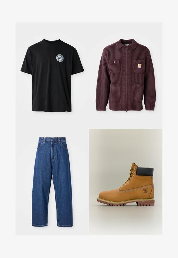 Veste zippée bordeaux avec texture côtelée, deux poches avant et un petit patch logo. Conception à col avec une couleur unie et fermeture éclair.; T-shirt en coton noir avec un logo rond sur la poitrine. Manches courtes et col rond avec une coupe droite au bas.; Jean large en denim bleu foncé. Présente une taille haute, des passants de ceinture et un design classique à cinq poches. Ourlet piqué avec une finition soignée.; Bottine en cuir marron avec col noir, lacets jaunes et semelle beige. Présente un logo et des détails de couture blanche. Semelle extérieure à traction robuste.