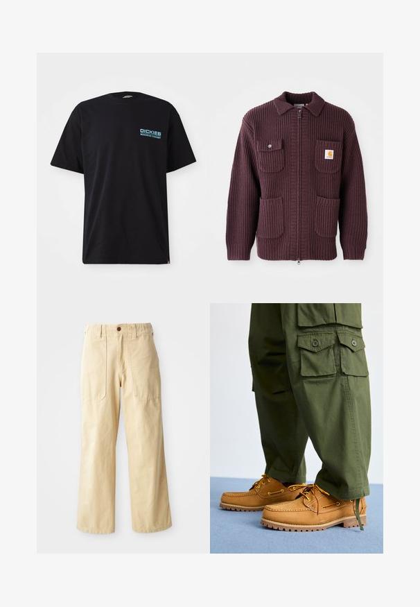 Bordeaux ritsjack met ribbelstructuur, twee voorzakken en een klein logo-embleem. Geknoopd ontwerp met een effen kleur en ritssluiting.; Zwarte katoenen t-shirt met korte mouwen, met een blauw "DICKIES WORKWEAR COMPANY" logo op de linkerkant van de borst. Standaard ronde hals.; Beige wijde broek van katoen. Heeft een hoge taille, twee zijzakken met een vlak design en een enkele knoopsluiting.; Timberland AUTHENTIC 3 EYE - Bootschoenen - wheat
