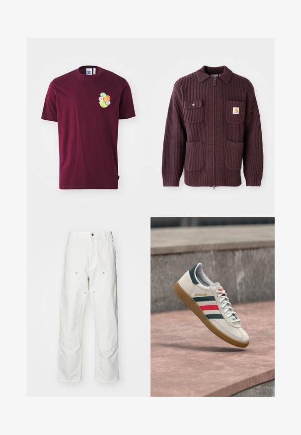 Bordeaux ritsjack met ribbelstructuur, twee voorzakken en een klein logo-embleem. Geknoopd ontwerp met een effen kleur en ritssluiting.; Bordeaux katoen T-shirt met korte mouwen en een ronde hals. Voorzien van een geborduurd ontwerp op de linkerkant van de borst, inclusief kleurrijke cirkelvormige patronen.; Witte katoenen cargobroeken met een relaxte pasvorm. Kenmerken zijn onder andere voorzakken, gouden hardware accenten en versterkte kniezones.; Witte Adidas sneaker met groene en rode strepen, rubberen zool en "SPEZIAL" branding die boven een stenen bestrating zweeft.