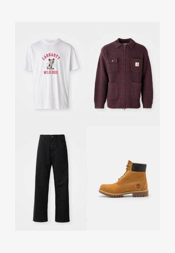 Burgundy zip-jakke med ribbet tekstur, to forlommer og et lille logo-patch. Krave-design med ensfarvet og lynlåslukning.; Hvid bomulds t-shirt med røde broderede tekst "CARHARTT WILD DOGS" og en tegneseriehund grafik foran. Korte ærmer, rund halsudskæring.; Sorte denimbukser med lige snit, der har frontlommer, lynlås og en enkelt knap i toppen. Struktureret stof med en mat finish.; Brune læder ankelstøvle med metaløjer, hvid pelsforing, sort polstret krave, robust sål og præget logo på siden.