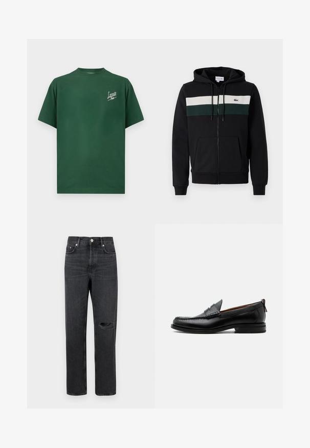 Sort hættejakke med lynlås lavet af blødt stof. Har en hvid og mørkegrøn vandret stribe hen over brystet og en frontlomme. Hætte inkluderet.; Grøn bomulds t-shirt med rund halsudskæring, korte ærmer og hvid "Lacoste Paris" tekstlogo på venstre bryst.; Sorte denim jeans med lige ben, der har et revnet knæ, fem-lomme design og metalbeslag ved taljen og lommerne.; Sort læder herre loafer med moc-tå syning, penny strop, struktureret krave og lav stablet hæl på hvid baggrund.