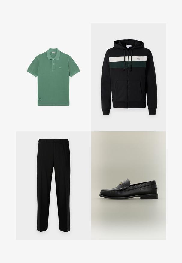 Sudadera con cremallera negra hecha de tela suave. Presenta una franja horizontal blanca y verde oscuro en el pecho y un bolsillo frontal. Incluye capucha.; Camisa polo de algodón verde con un clásico cierre de tres botones, mangas cortas y un pequeño logo en el lado izquierdo del pecho.; Pantalones negros de tela suave, con corte recto, dos bolsillos frontales y cremallera con cierre de botón.; Mocasín negro de cuero sin cordones con tacón bajo, detalle de hebilla dorada y nombre de la marca en relieve en el lateral sobre un fondo neutro.