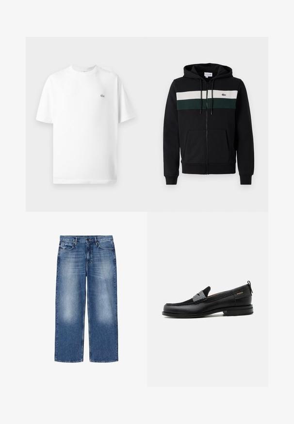 Sort hættejakke med lynlås lavet af blødt stof. Har en hvid og mørkegrøn vandret stribe hen over brystet og en frontlomme. Hætte inkluderet.; Hvid bomulds t-shirt med rund hals og korte ærmer. Har et lille sort Lacoste-logo på venstre side af brystet.; Blåtonede straight-leg denimjeans med fem lommer og knaplukning, vist fladt på hvid baggrund.; Sort læderloafer med grå remdetalje, lav hæl og tekstureret sål, mærket med "HUGO" i guld på siden.