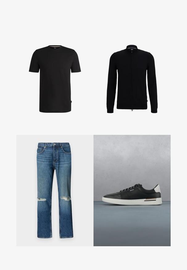 Zwarte zip-up trui met een hoge kraag, gemaakt van een gladde breimateriaal. Heeft lange mouwen en een slim fit ontwerp. Geen zichtbare patronen.; Zwarte short-sleeve t-shirt gemaakt van soepel katoen met een ronde halslijn. Heeft een subtiele merklabel aan de linkerkant nabij de zoom.; Blauwe rechte spijkerbroek met gescheurde gaten op beide knieën, knoopsluiting aan de voorkant en ontwerp met vijf zakken.; Zwarte leren sneaker met witte zool, voorzien van perforaties, vetersluiting, logo aan de zijkant en contrasterend hieldetail in wit en bruin.